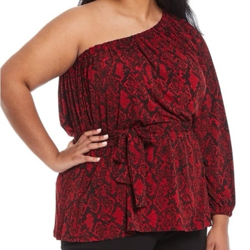 Michael Michael Kors One Shoulder Belted Python Tunic Top NWT Crimson Red Sz 1X